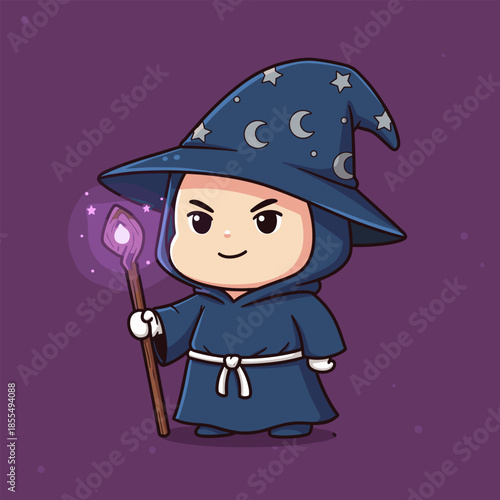 Charming Cartoon Wizard Character with Magical Staff and Starry Hat.