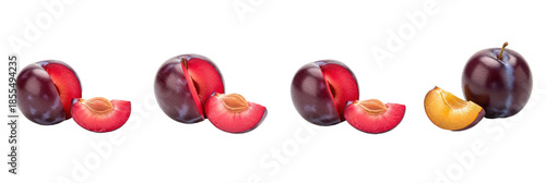 Set of Fresh Whole Plums and Sliced Plum Halves with Pits, Oil Paint Style, Isolated on Transparent Background, PNG