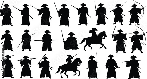 Samurai warrior silhouette collection with swords, bows and mounted fighters, traditional Japanese martial arts and historical combat poses in black vector style