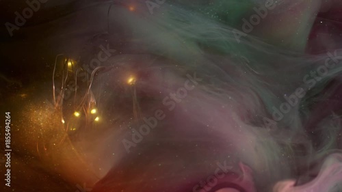 Vapor mix defocused. Smoke drop. Colorful smoke spill on glass glow garland. Pink gray yellow fume paint swirl on glitter abstract dark background.