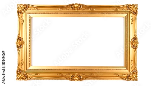 Ornate golden picture frame antique baroque style decorative border for artwork and photography isolated on white background