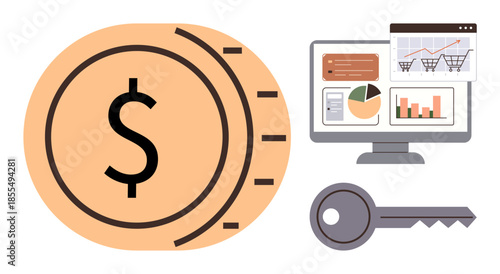 Large dollar coin, monitor showing analytics and shopping data, and key highlighting access and protection. Ideal for finance, budgeting, e-commerce, analytics, security fintech business. A simple