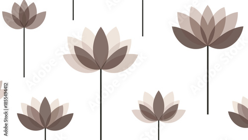 Seamless pattern of stylized lotus flowers in shades of brown and beige on a white background with a minimalist design.