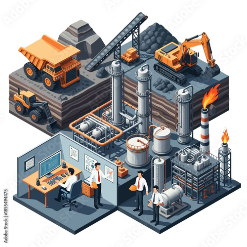 Isometric illustration of an integrated industrial complex showing mining, processing plant, and office operations.