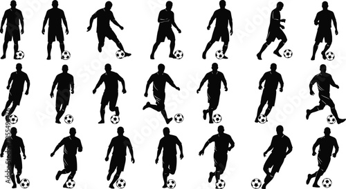 Soccer dribbling silhouette set with football players in motion, dynamic training and match action poses in black vector sport illustration
