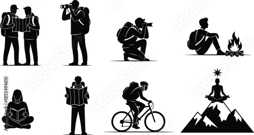 Outdoor adventure traveler silhouette set with hiking, camping, photography, cycling and meditation activities in black vector illustration style