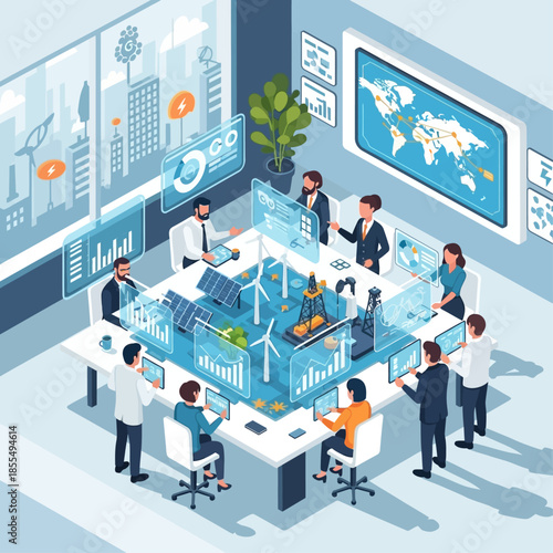 Business professionals in a modern office collaborating on sustainable energy and smart city development using interactive holographic displays and data visualization.