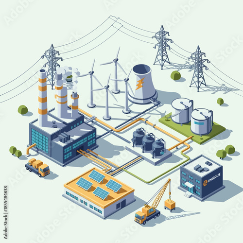 Isometric illustration of a complex industrial energy network featuring factories, wind turbines, solar panels, and power distribution infrastructure.