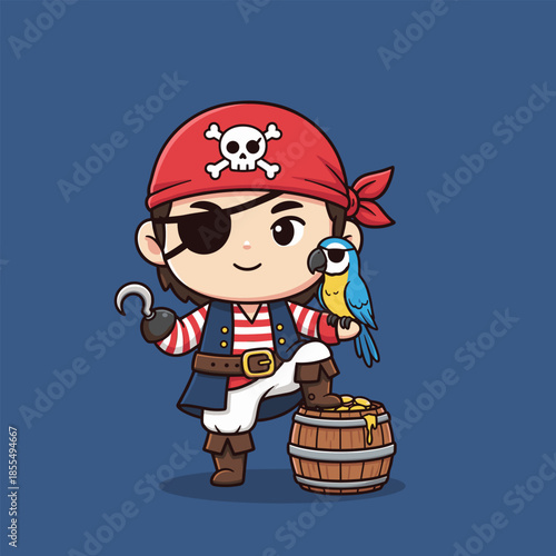 Cartoon Pirate with Parrot and Treasure Chest Illustration.