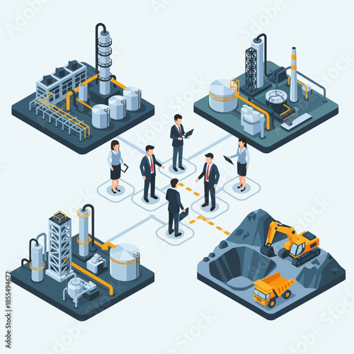 Isometric illustration of industrial supply chain management with business people connecting various production and extraction facilities.