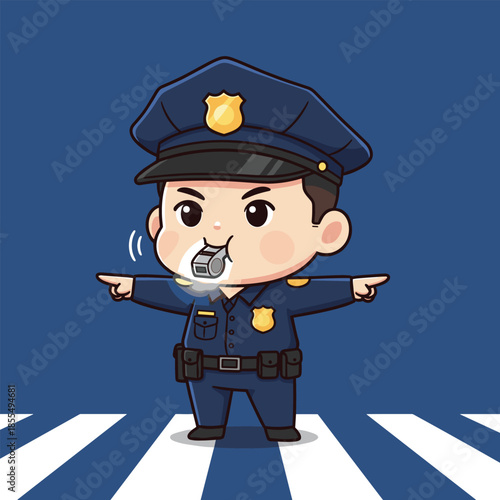 Cartoon Policeman Directing Traffic with Whistle on Crosswalk.