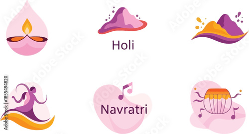 Flat lay of colorful Hindu festival icons including Holi and Navratri symbols on a white background with vibrant pink, purple, and orange hues.