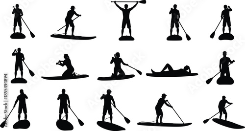 Stand up paddle boarding silhouette set with male paddlers in various poses, black vector collection for water sport and outdoor adventure concepts
