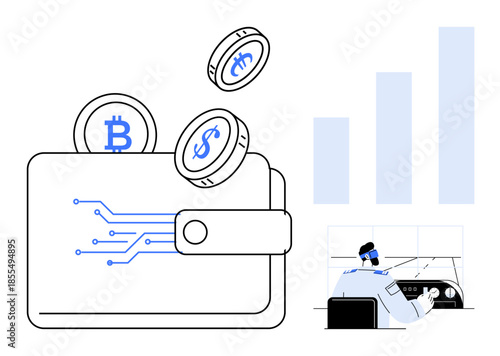 Cryptocurrency concept. Digital wallet and coins cryptocurrency. Cryptocurrency alongside data analysis highlights financial trends and secure transactions. Ideal for banking, fintech, investment