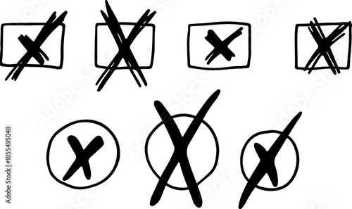 Set of hand-drawn style black checkmarks and crosses, featuring sketchy V and X symbols, isolated vector illustrations, perfect for reviews and annotations.
