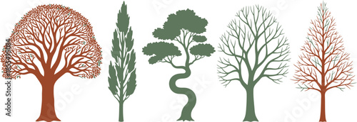 Stylized Tree Silhouettes in Earthy Tones – Artistic Botanical Diversity with Unique Shapes and Structures