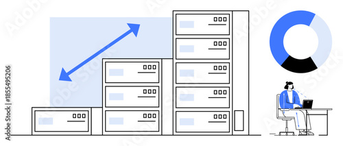 Data storage concept. Server stacks data growth, charts analytics, and professional at work managing systems. Perfect for tech, IT solutions, data management, cloud software, and business growth