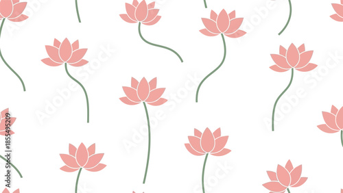 Digital illustration of multiple pink lotus flowers with green stems on a white background in a repeating pattern.