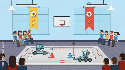 Illustration of children watching robotic competition in school gym with banners and basketball hoop.