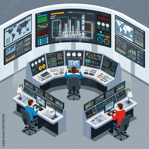 Isometric view of a modern industrial control room with three operators monitoring complex systems and data displays for a refinery.