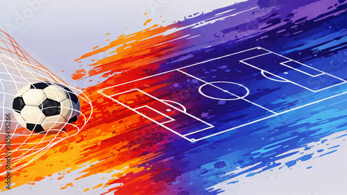Abstract grunge soccer ball design featuring a bright rainbow glow and motion lines over a dark textured backdrop with energy flow and vector art elements