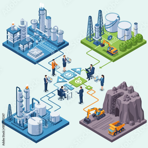 Isometric illustration of integrated industrial processes including oil, gas, mining, and manufacturing, managed by a central team.