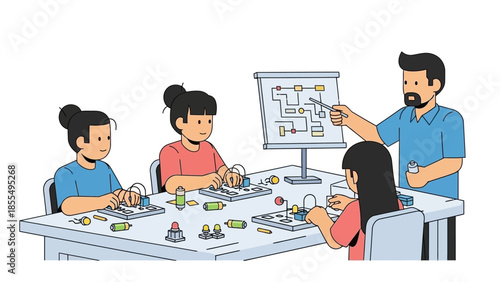 A group of four people sitting around a table with building blocks and a presentation on a whiteboard in a classroom setting with a collaborative and educational mood.