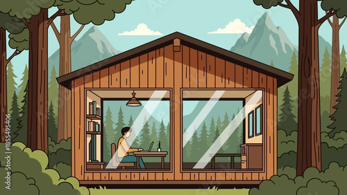Illustration of a cozy wooden cabin in a forest with a mountain range in the background and a person sitting inside.