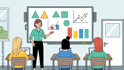 Teacher presenting data on a whiteboard to students sitting at desks in a classroom with educational graphs and charts.