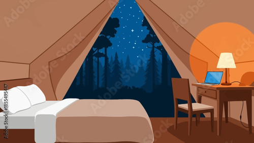 Illustration of a tent interior with a bed, desk, and laptop, overlooking a starry night forest scene.