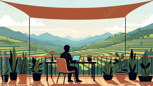 Man working on laptop at outdoor desk with potted plants and scenic mountain view under sunshade