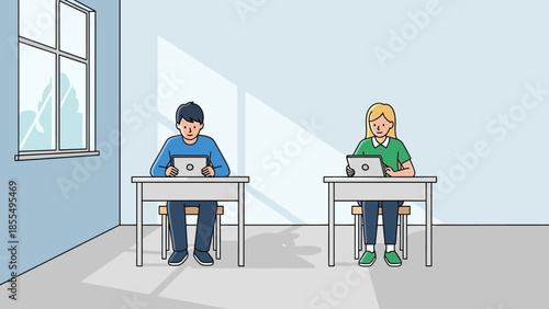 Illustration of two students working on laptops at desks in a classroom with natural light and a calm atmosphere.