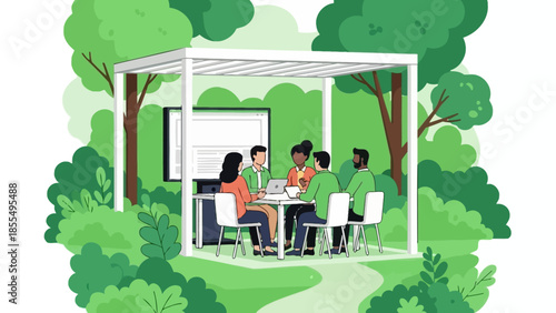 Illustration of a diverse team collaborating around a table under a white pergola in a lush green outdoor setting with trees and bushes.