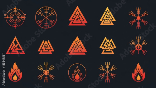 Collection of 15 unique viking inspired symbols and logos in orange and yellow hues on a black background for designs