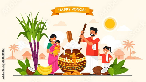 Happy pongal festival celebration with family, traditional pot, sugarcane, and palm trees in sunny rural village