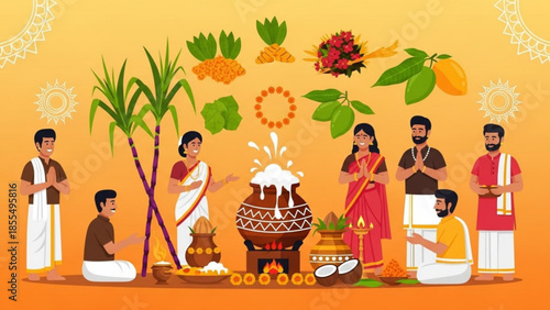Traditional indian festival celebration with people in ethnic wear, palm tree, and decorative pot, surrounded by leaves and flowers on orange background