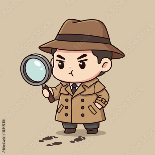 Chibi Detective with Magnifying Glass Investigating Footprints.