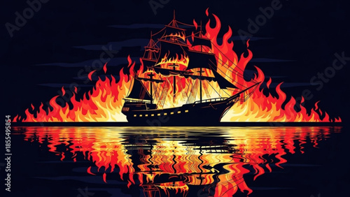 Detailed illustration of a burning ship on fire at night on water with flames reflecting on surface