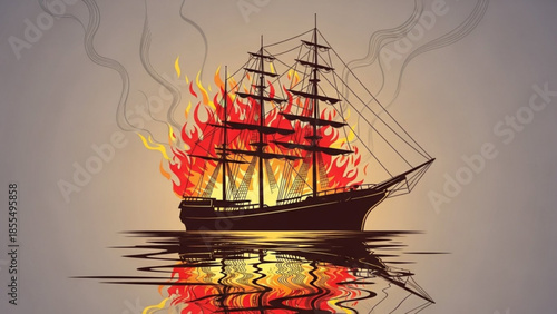 A large black ship with three masts engulfed in bright orange and yellow flames sailing on calm water with a reflection of fire on the surface at sunset
