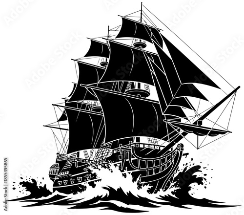 Dramatic sailing ship navigating through rough seas with full sails