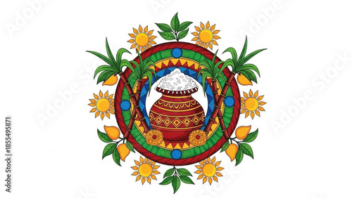 Vibrant circular design with a traditional pot, sunflowers, and palm trees, symbolizing warmth and hospitality in a decorative motif