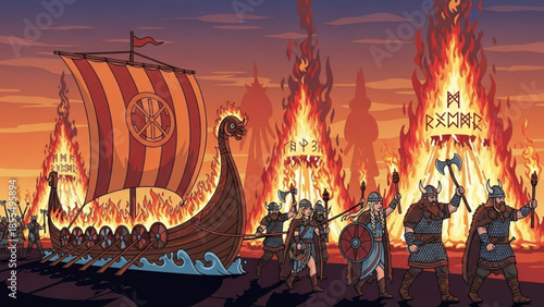 Viking warriors standing in front of a burning longship with flames and torches, medieval scene with norse soldiers and blazing torches in the background