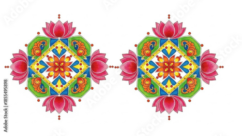 Vibrant pink lotus flowers and intricate patterns in traditional indian rangoli design on white background, colorful floral mandala