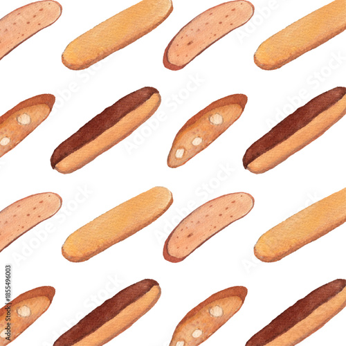 Seamless watercolor Italian biscotti pattern with cantucci and camporelli cookies, traditional European bakery sweets hand painted repeat background ideal for fabric, paper, packaging and decor
