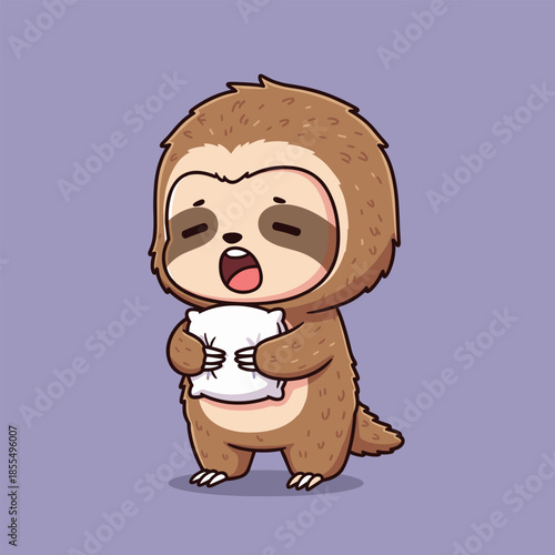 Sleepy Sloth Holding Pillow Cartoon Illustration.