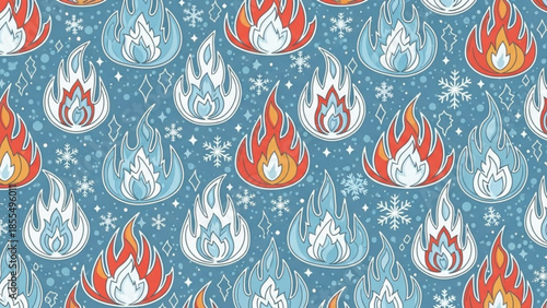 Vibrant flame and snowflake pattern with colorful fire and ice elements on blue background with sparkles