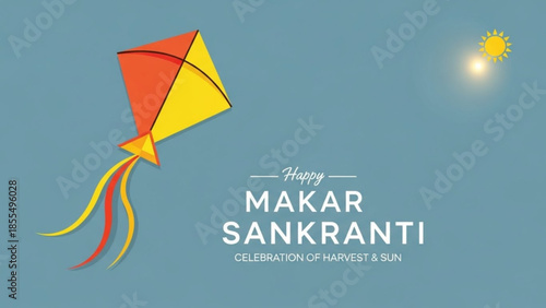 Vibrant kite flying high in blue sky with sun, celebrating makar sankranti festival, symbolizing harvest and sunshine