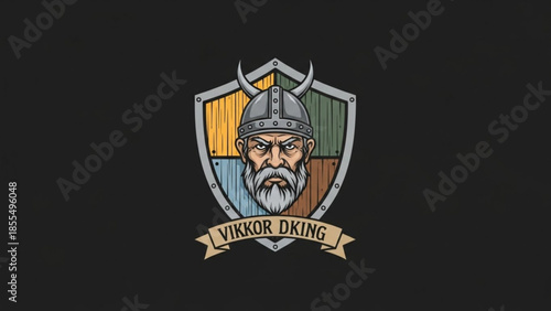 Viking warrior logo with shield and horned helmet, vikkordking cartoon character