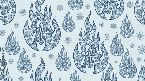 Contrasting flame and snowflake pattern on pale background, stylized fire and frost design elements, graphic illustration for creative projects and backgrounds