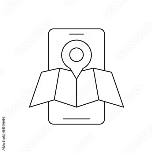 Smartphone with map location pin for travel navigation line icon